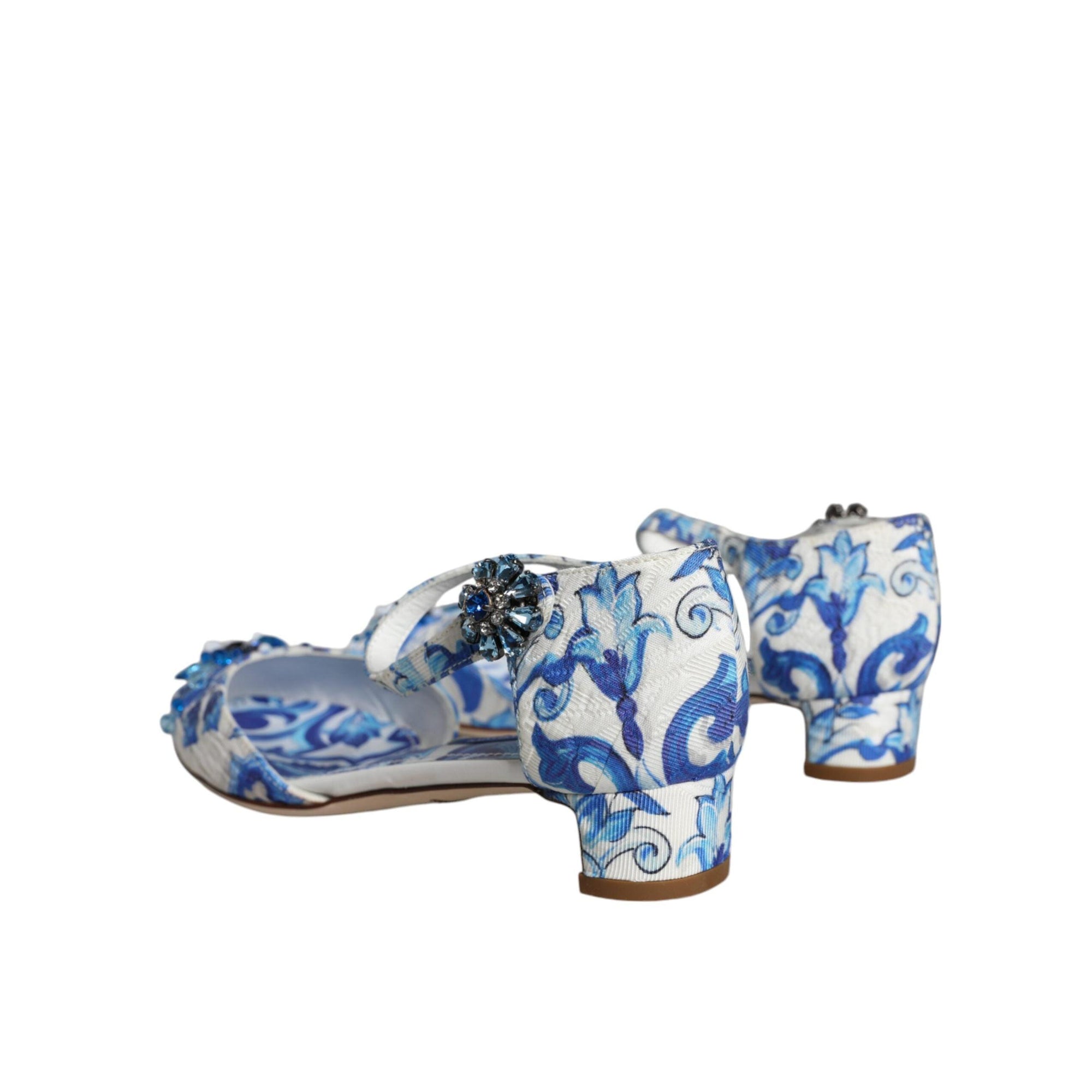 Dolce & Gabbana White Blue Majolica Print Ankle Strap Sandals Shoes