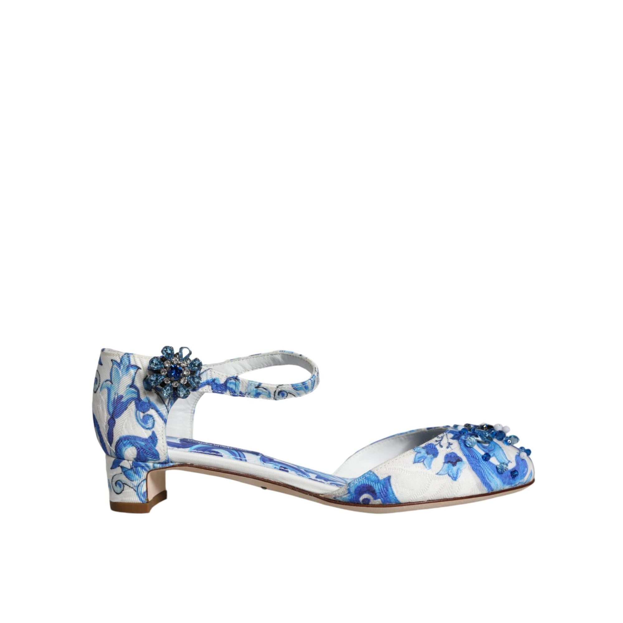 Dolce & Gabbana White Blue Majolica Print Ankle Strap Sandals Shoes