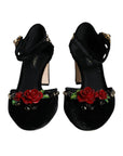 Dolce & Gabbana Black Velvet Roses Ankle Strap Pumps Shoes