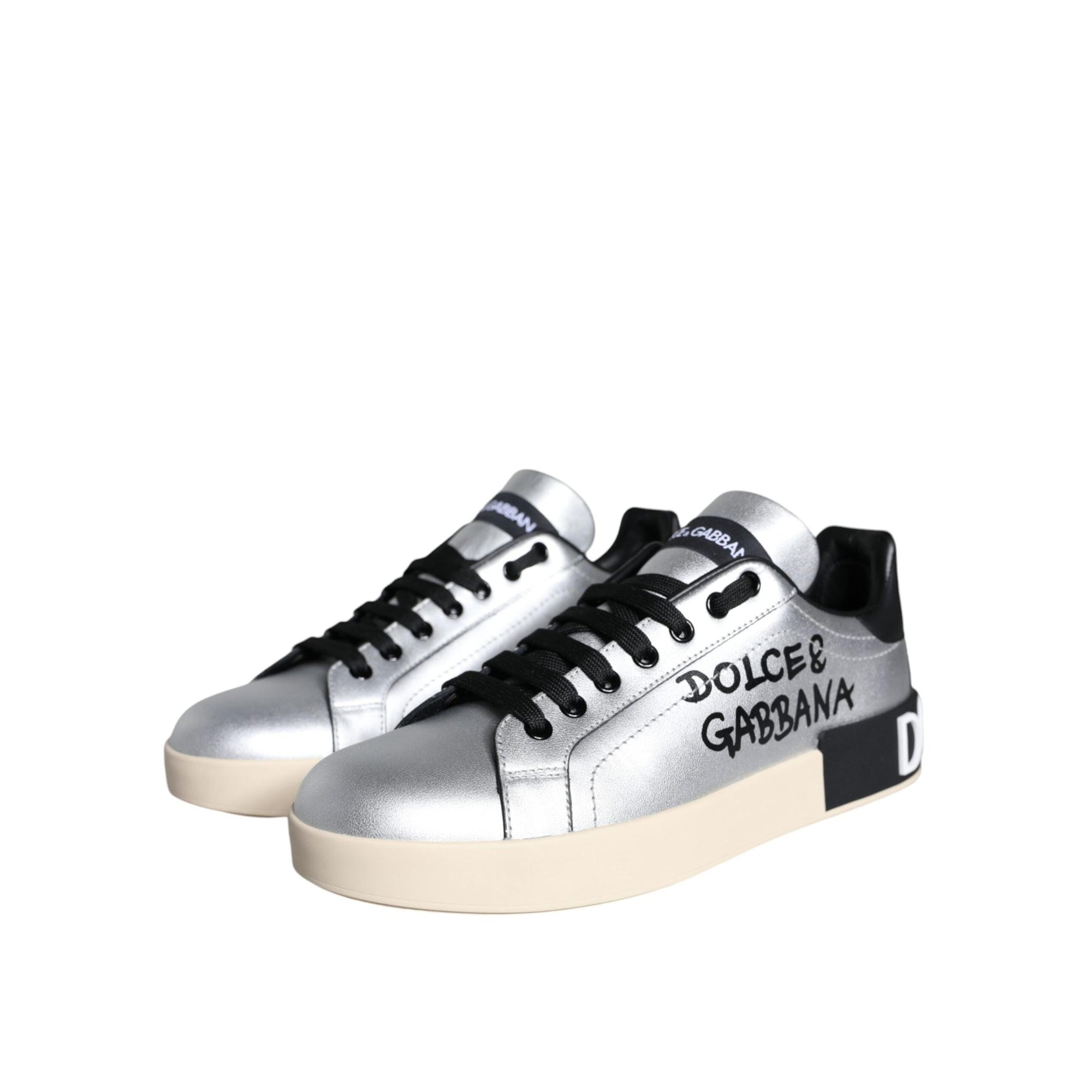 Dolce & Gabbana Silver Portofino Calf Leather Sneakers Shoes