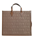 Versace Brown Top Handle Jacquard Leather Logo Crossbody Tote Bag