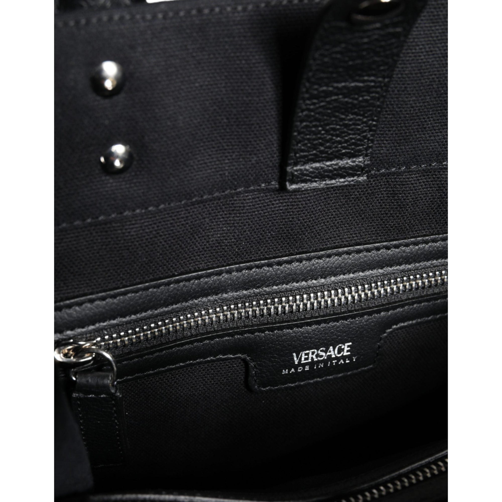 Versace Black Top Handle Canvas Leather Logo Crossbody Tote Bag