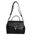 Versace Black Top Handle Grainy Calfskin Leather Crossbody Bag
