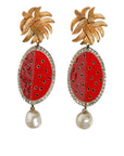 Dolce & Gabbana Red Watermelon Gold Brass Crystal Clip Dangling Earrings