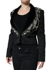 Dolce & Gabbana Black Jacquard Crystal Floral Jacket Blazer