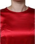 Dolce & Gabbana Red Satin Lace Trim Round Neck Blouse Top
