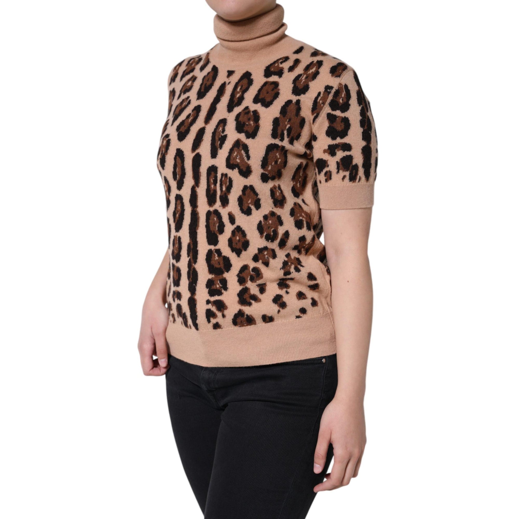Dolce & Gabbana Beige Leopard Print Wool Turtleneck Top