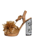 Dolce & Gabbana Brown Raffia Ankle Strap Crystal Sandals Shoes