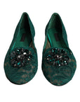 Dolce & Gabbana Green Lace Crystal Ballet Flats Loafers Shoes