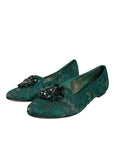 Dolce & Gabbana Green Lace Crystal Ballet Flats Loafers Shoes