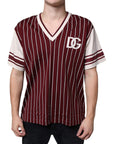 Dolce & Gabbana Maroon Stripes Cotton Logo V-neck T-shirt