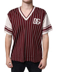 Dolce & Gabbana Maroon Stripes Cotton Logo V-neck T-shirt