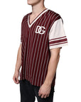 Dolce & Gabbana Maroon Stripes Cotton Logo V-neck T-shirt