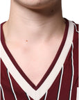 Dolce & Gabbana Maroon Stripes Cotton Logo V-neck T-shirt