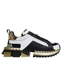Dolce & Gabbana White Gold Black Leather SUPER KING Sneakers Shoes
