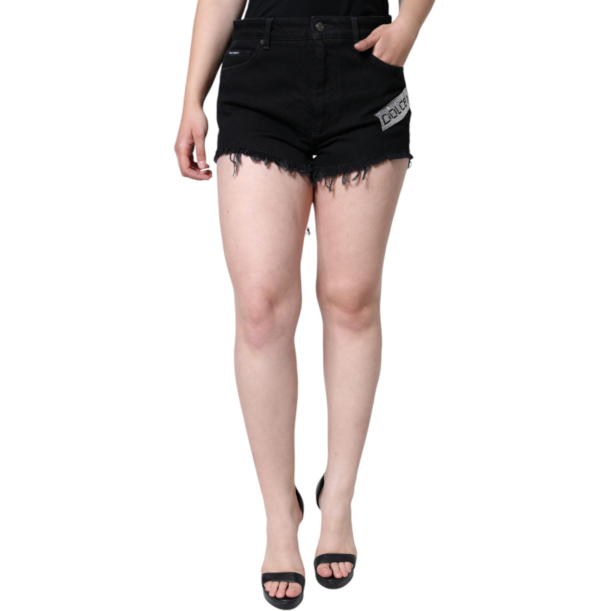Dolce & Gabbana Black Cotton Stretch Strass Hot Pants Shorts