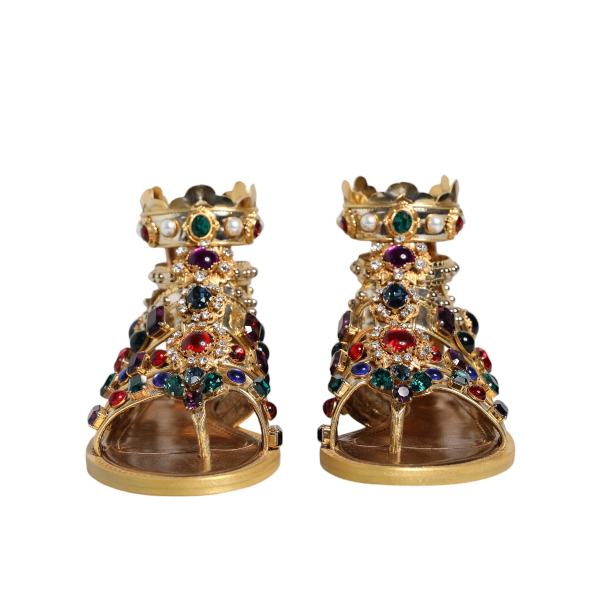 Dolce & Gabbana Gold Leather Crystal Gladiator Sandals Flats Shoes