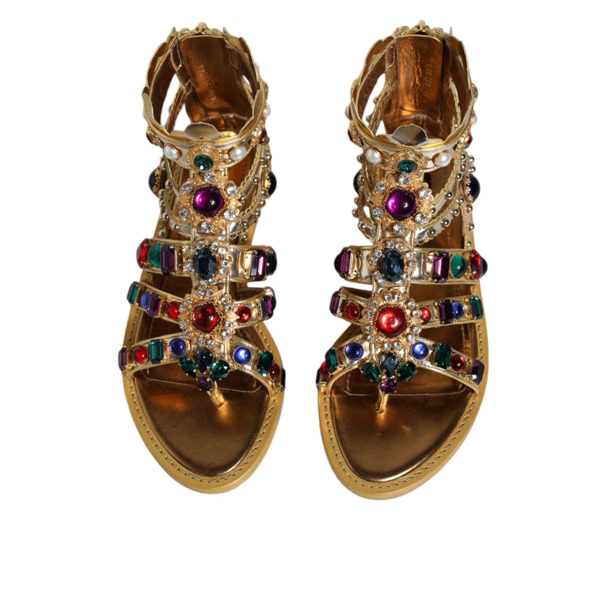 Dolce & Gabbana Gold Leather Crystal Gladiator Sandals Flats Shoes