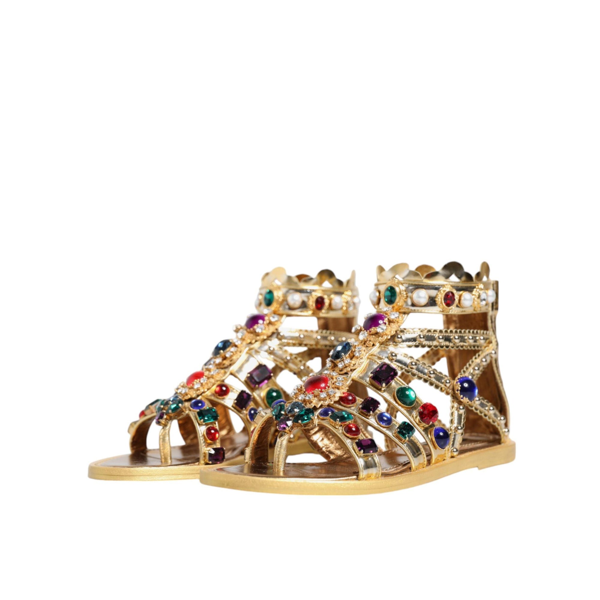Dolce & Gabbana Gold Leather Crystal Gladiator Sandals Flats Shoes