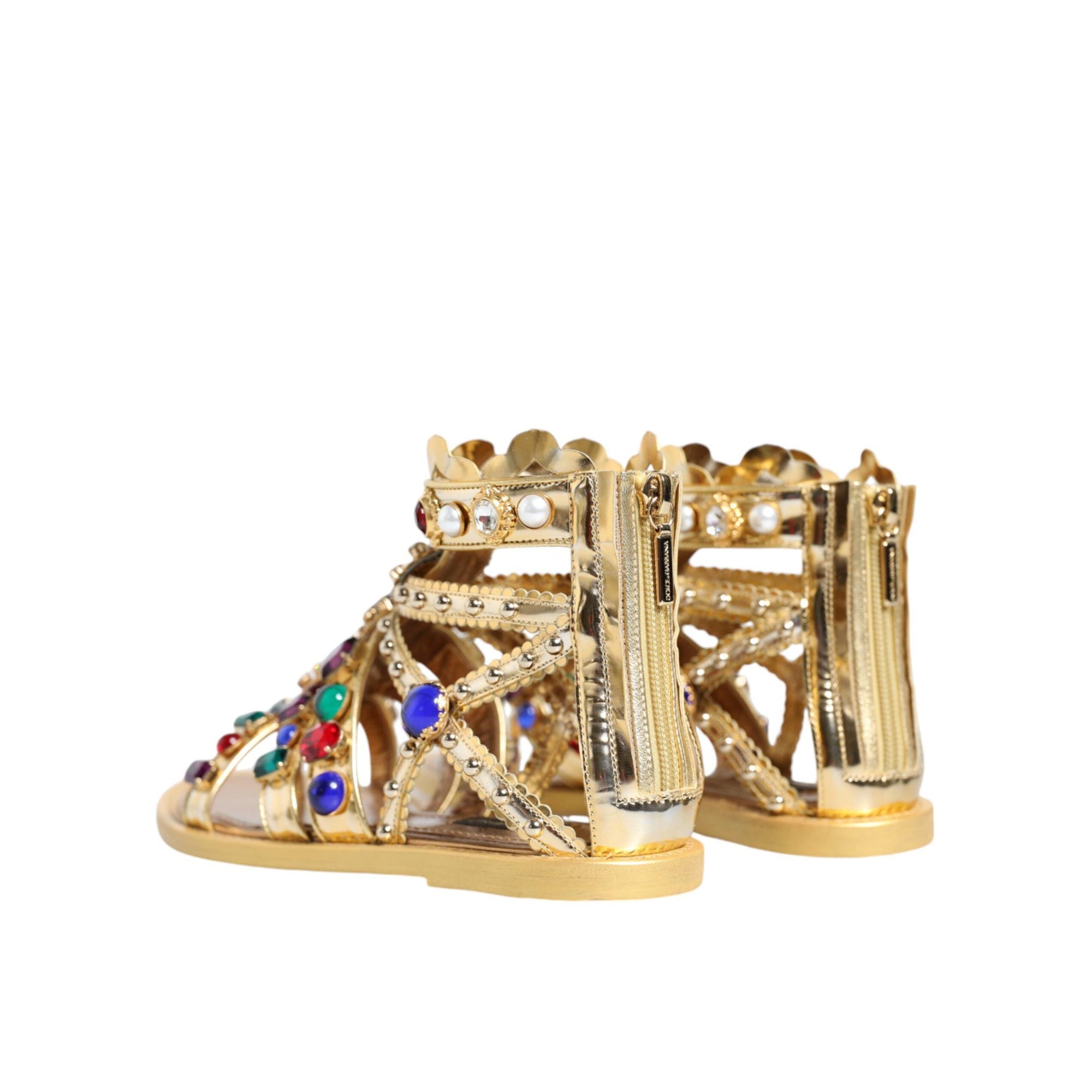 Dolce & Gabbana Gold Leather Crystal Gladiator Sandals Flats Shoes