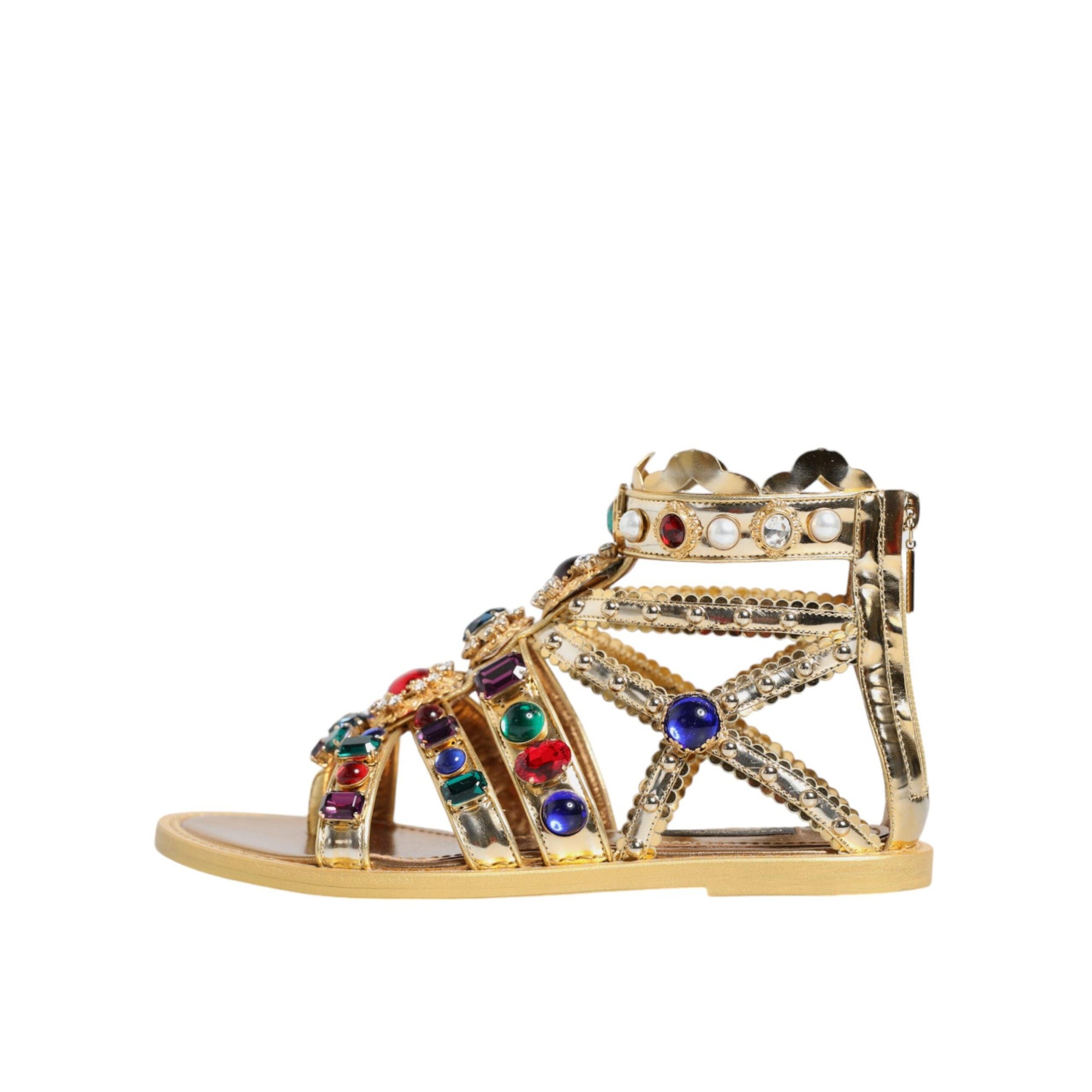 Dolce & Gabbana Gold Leather Crystal Gladiator Sandals Flats Shoes