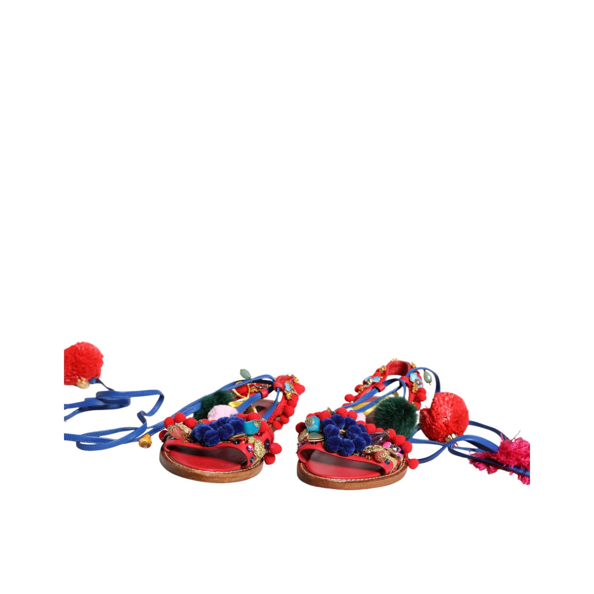 Dolce & Gabbana Multicolor Pom Pom Fur Wrap Sandals Shoes