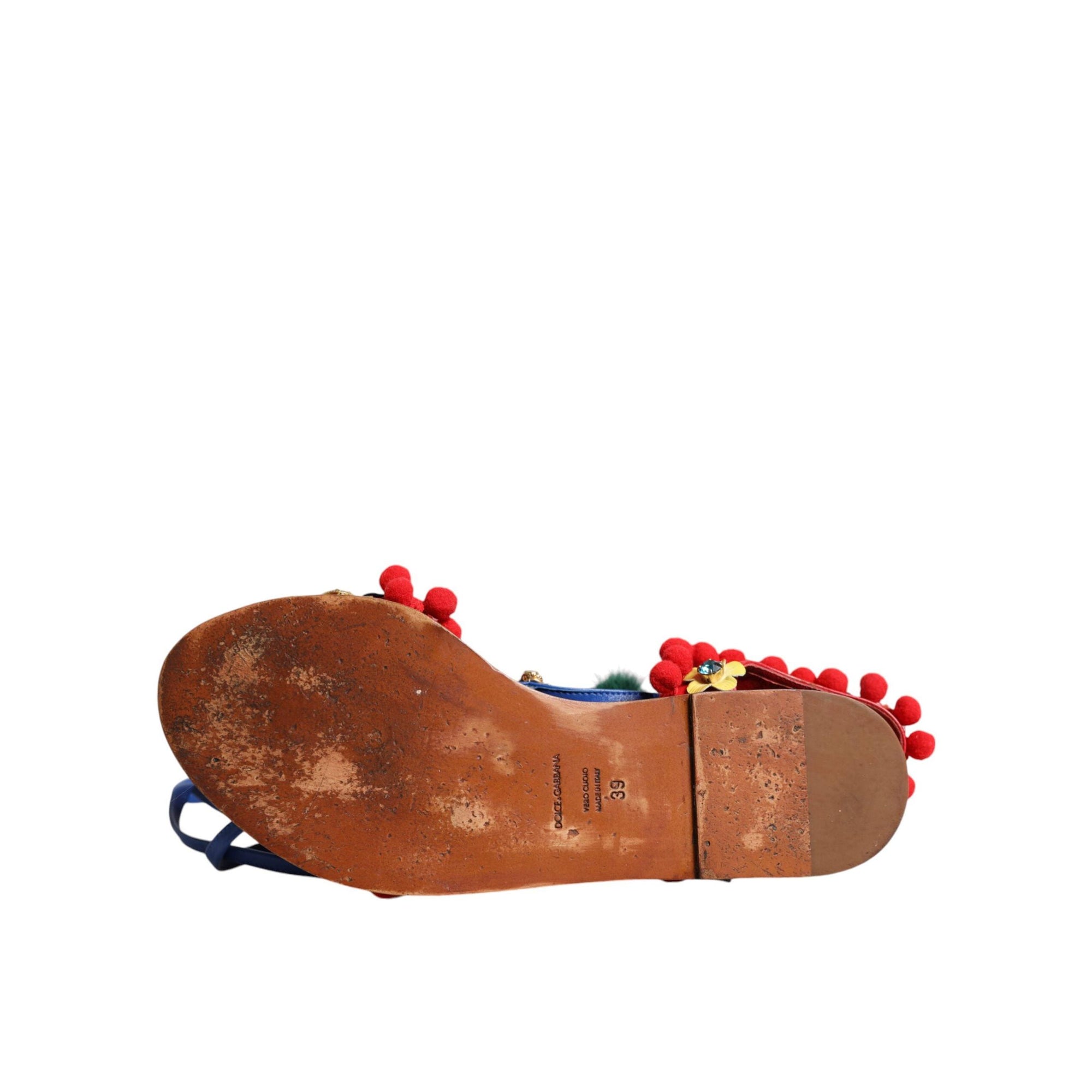 Dolce & Gabbana Multicolor Pom Pom Fur Wrap Sandals Shoes