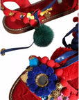 Dolce & Gabbana Multicolor Pom Pom Fur Wrap Sandals Shoes