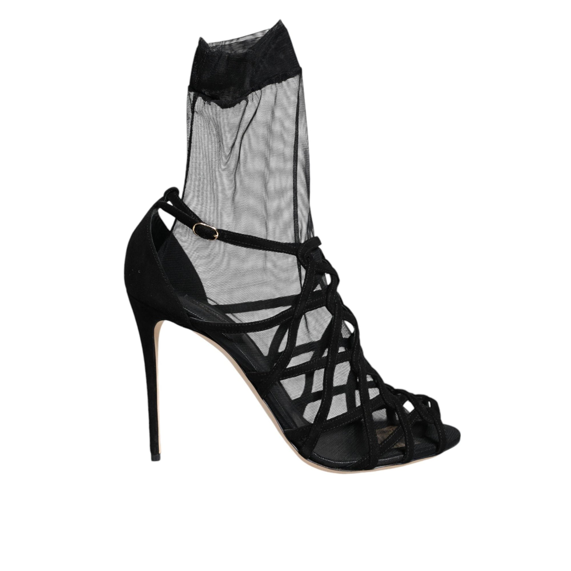 Dolce & Gabbana Black Tulle Stretch Heels Sandals Shoes