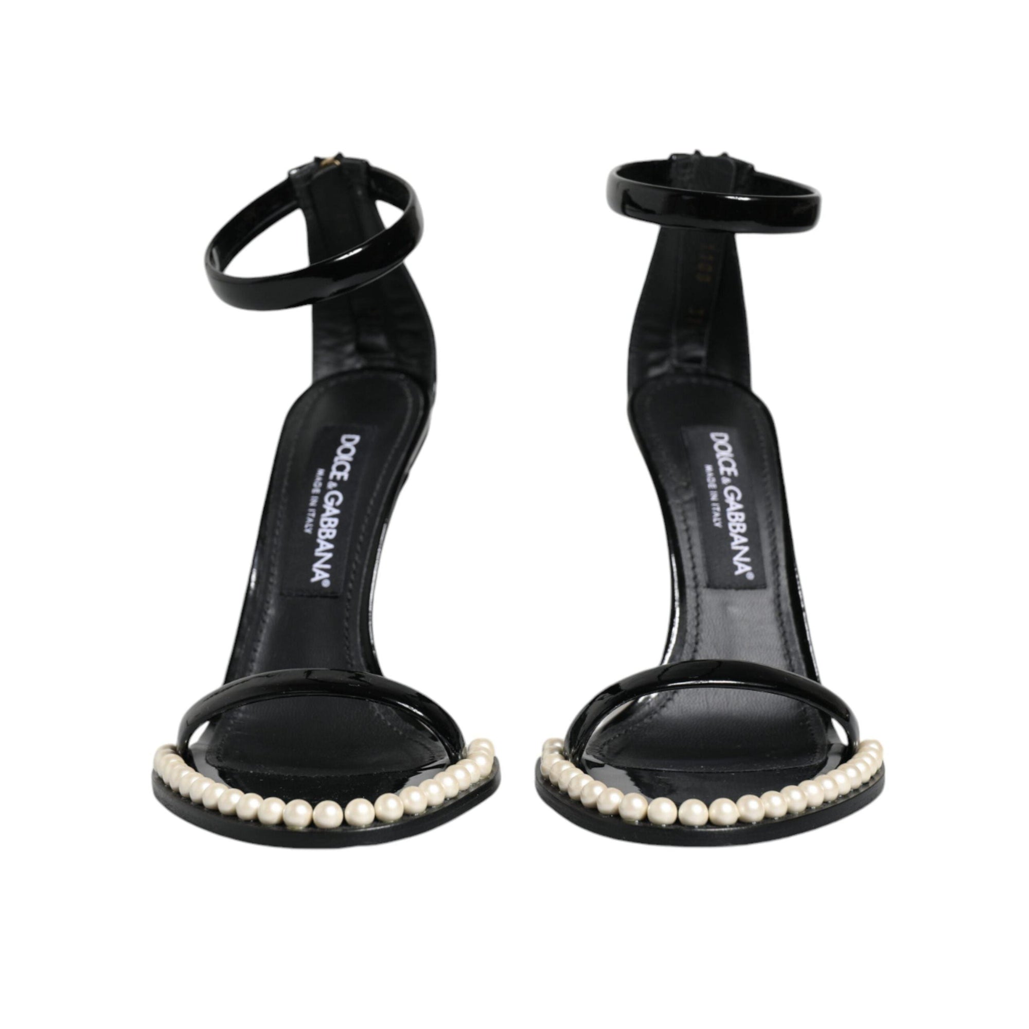 Dolce & Gabbana Black Keira Leather Faux Pearl Sandals Heels Shoes