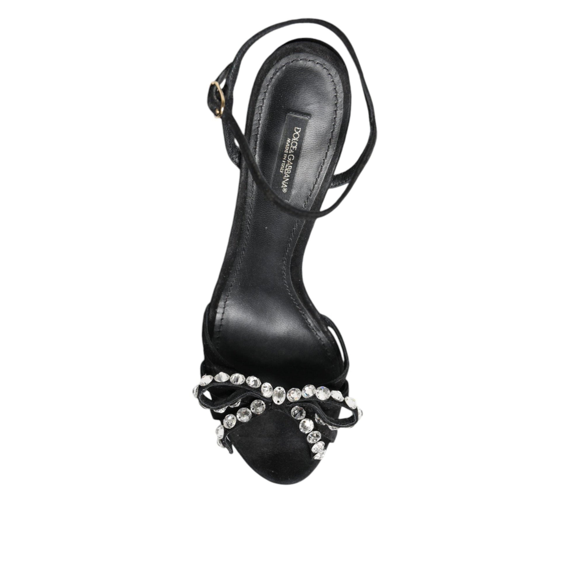 Dolce & Gabbana Black Leather Crystal Bow Heels Sandals Shoes