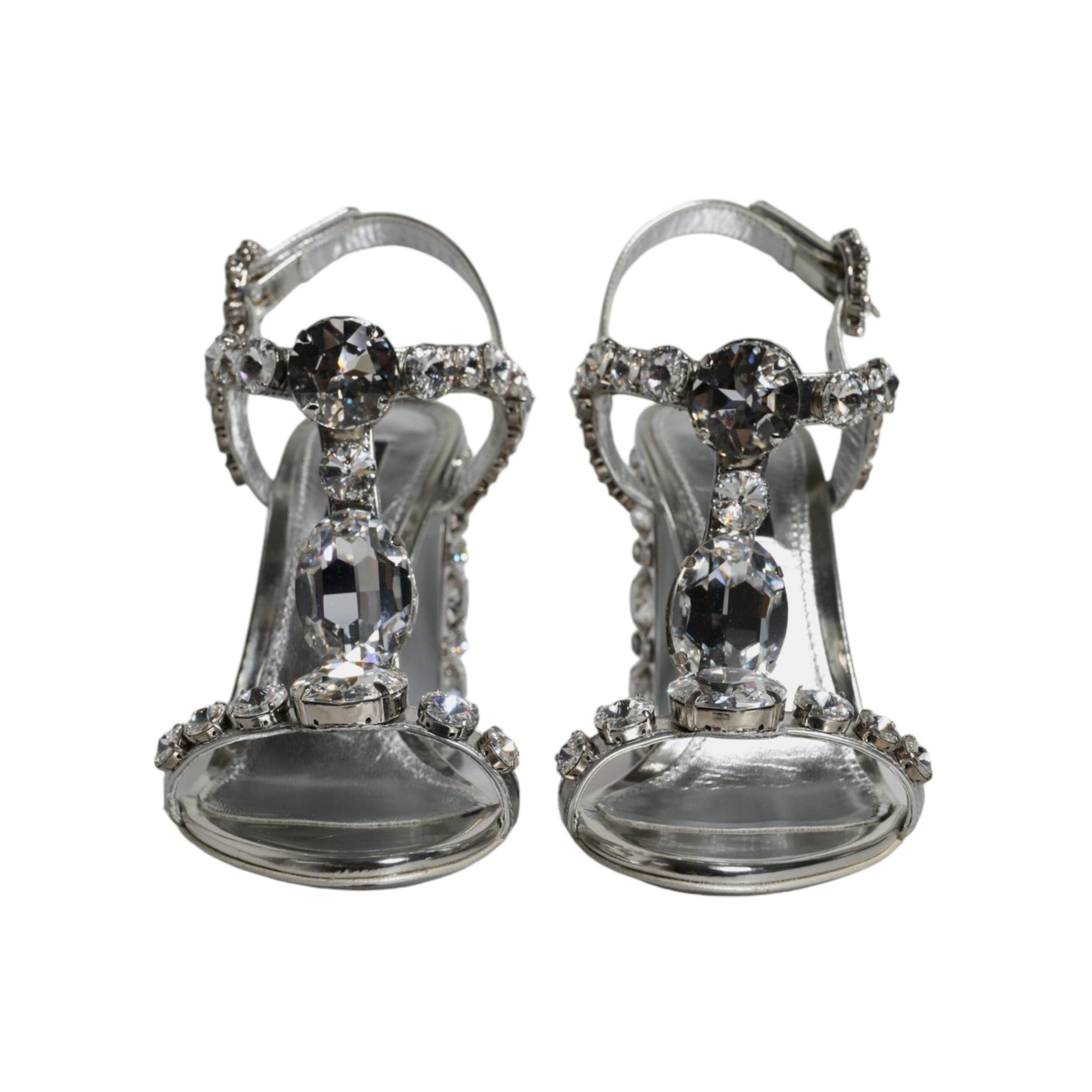 Dolce & Gabbana Silver Leather T-strap Crystal Sandals Shoes