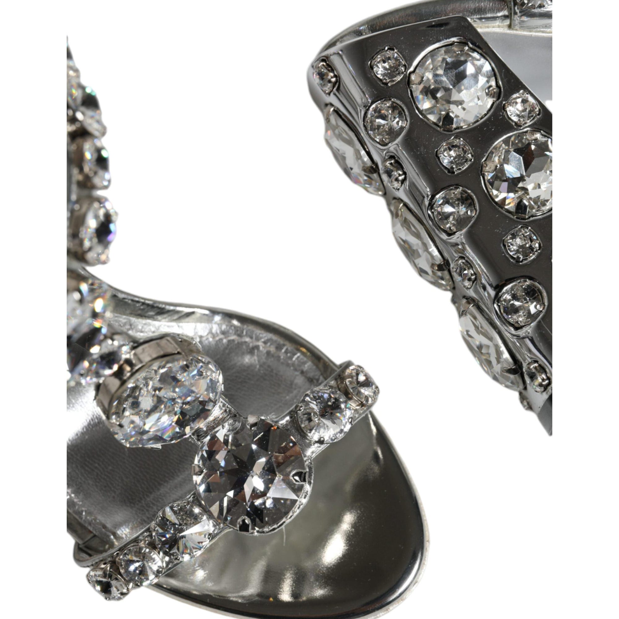 Dolce & Gabbana Silver Leather T-strap Crystal Sandals Shoes