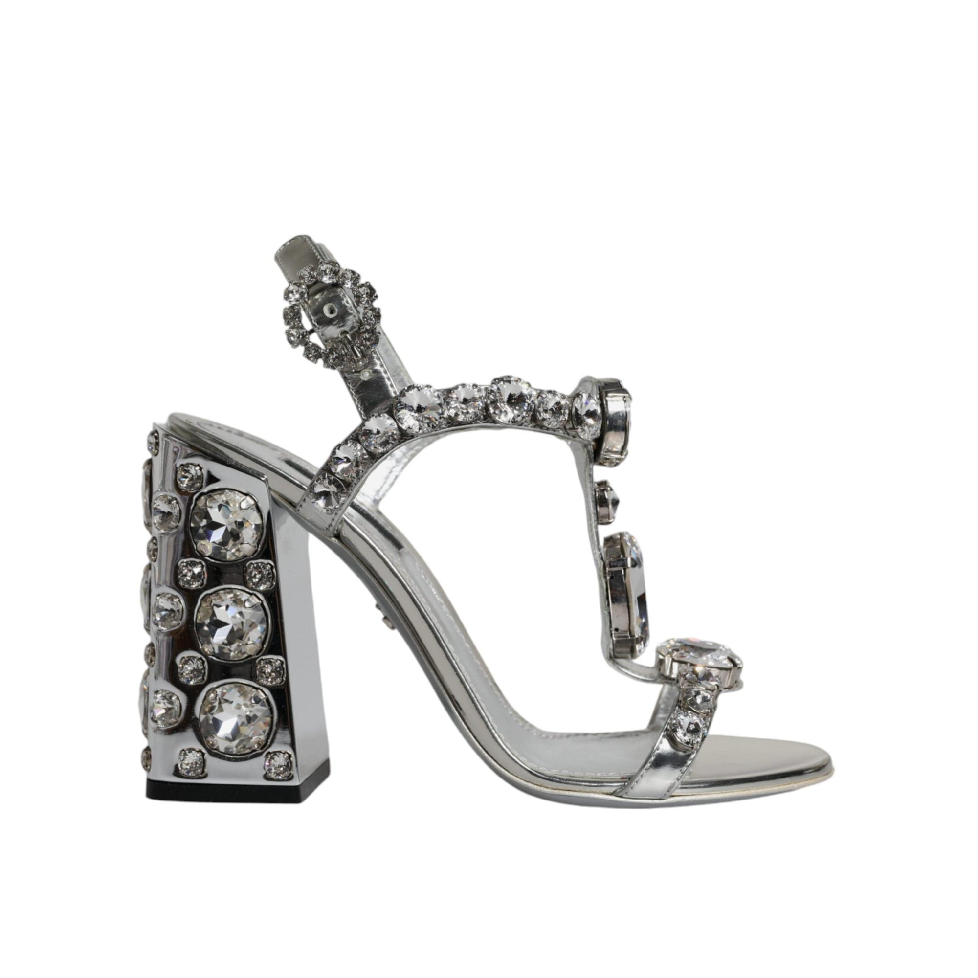 Dolce & Gabbana Silver Leather T-strap Crystal Sandals Shoes