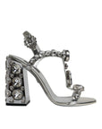 Dolce & Gabbana Silver Leather T-strap Crystal Sandals Shoes
