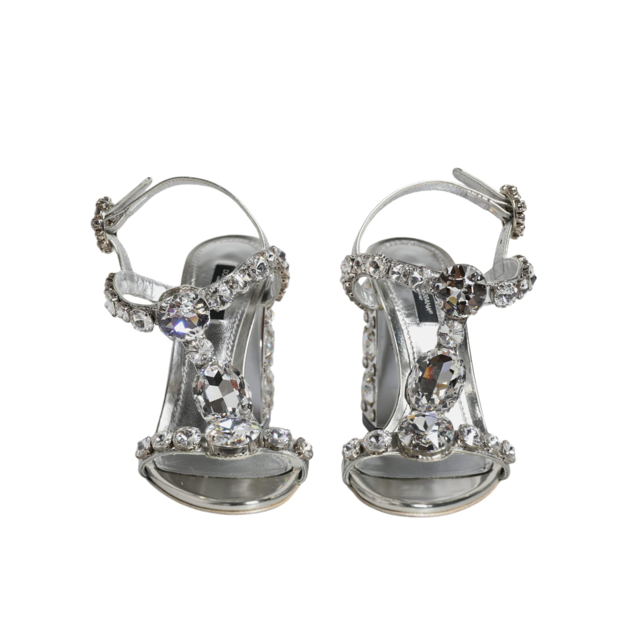 Dolce & Gabbana Silver Leather T-strap Crystal Sandals Shoes