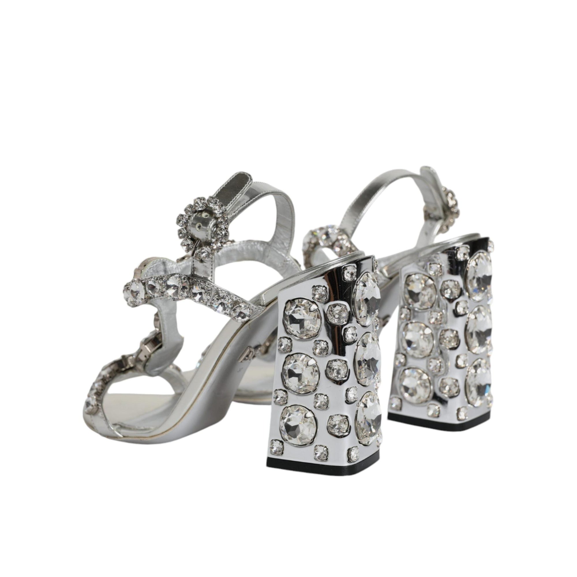 Dolce & Gabbana Silver Leather T-strap Crystal Sandals Shoes