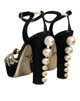 Dolce & Gabbana Black Leather Faux Pearl Heel Sandals Shoes