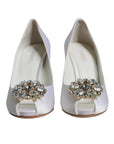 Dolce & Gabbana White Crystals Peep Toe Satin Pumps Shoes