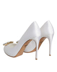 Dolce & Gabbana White Crystals Peep Toe Satin Pumps Shoes