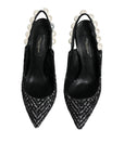 Dolce & Gabbana White Black Chevron Faux Pearl Slingback Shoes