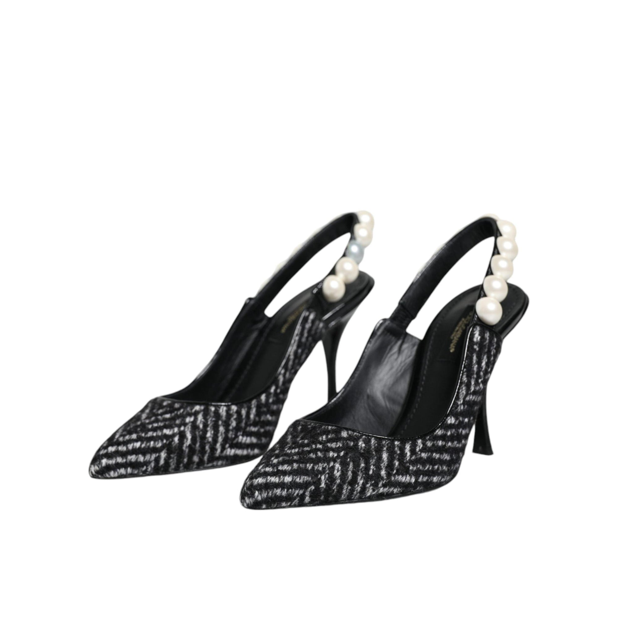 Dolce & Gabbana White Black Chevron Faux Pearl Slingback Shoes