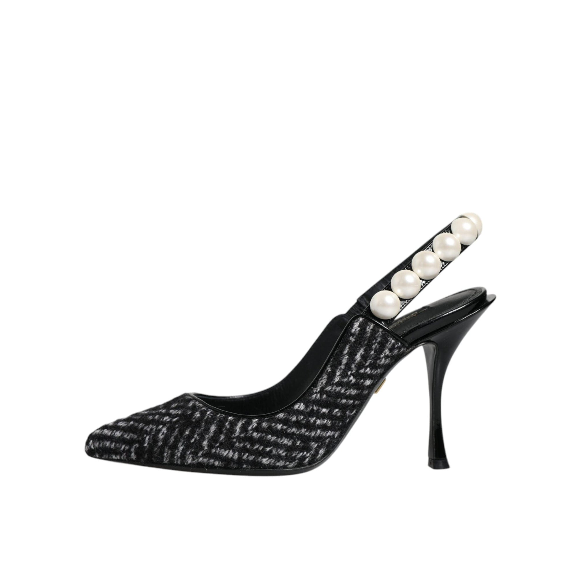Dolce & Gabbana White Black Chevron Faux Pearl Slingback Shoes