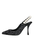 Dolce & Gabbana White Black Chevron Faux Pearl Slingback Shoes