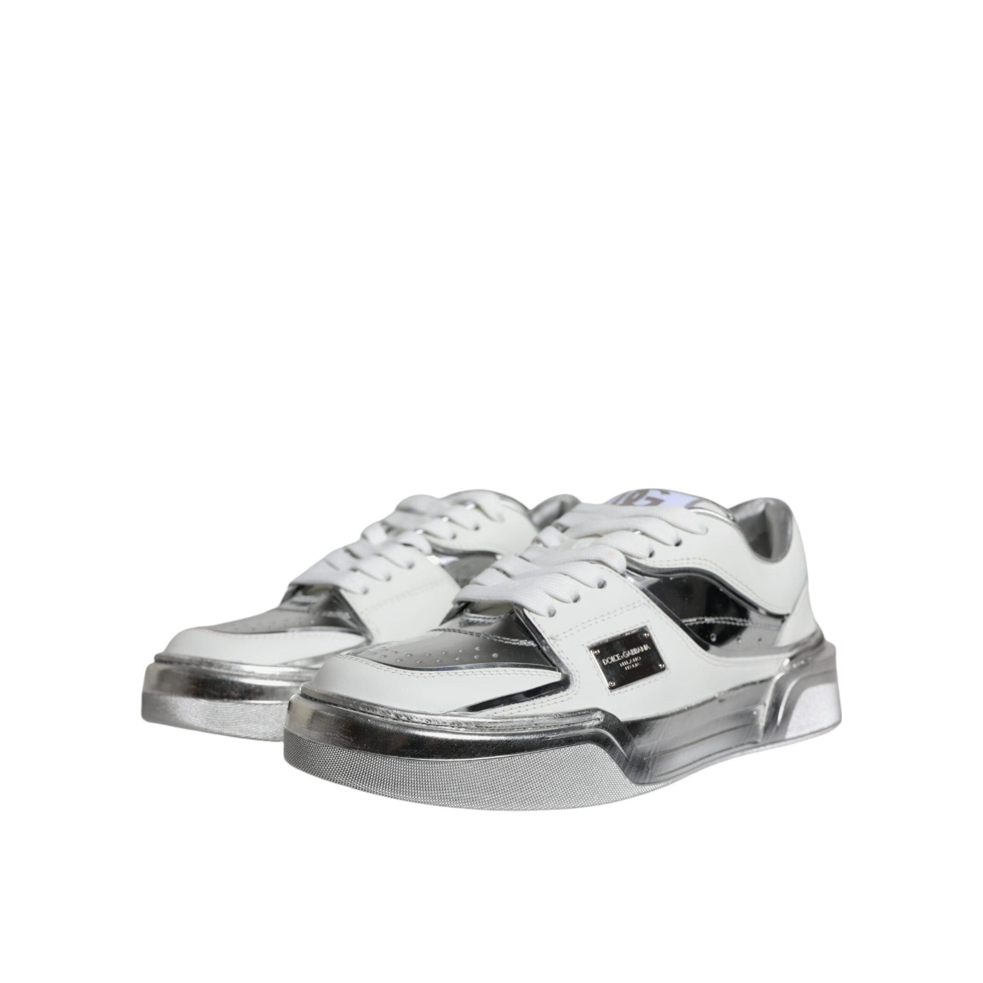 Dolce & Gabbana White Silver Leather Low Top Sneakers Shoes