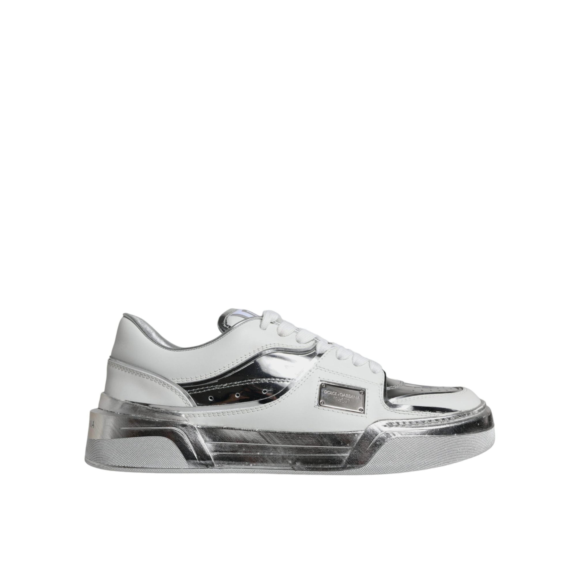 Dolce & Gabbana White Silver Leather Low Top Sneakers Shoes