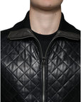 Dolce & Gabbana Black Calf Leather Quilted Full Zip Jacket