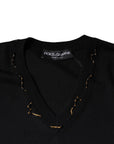 Dolce & Gabbana Black Embellished V-neck Pullover Sweater