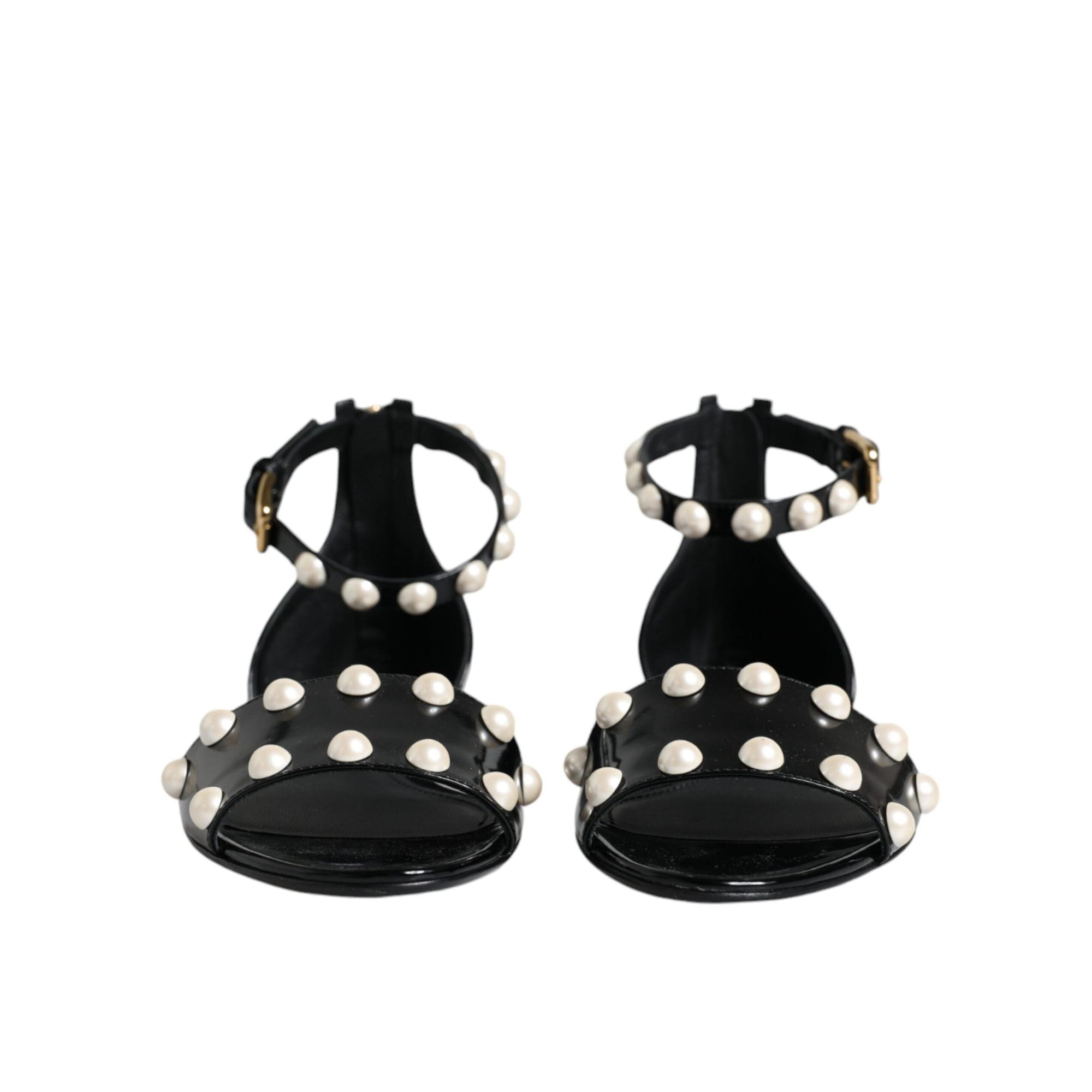 Dolce & Gabbana Black Leather Pearls Ankle Strap Sandals Shoes
