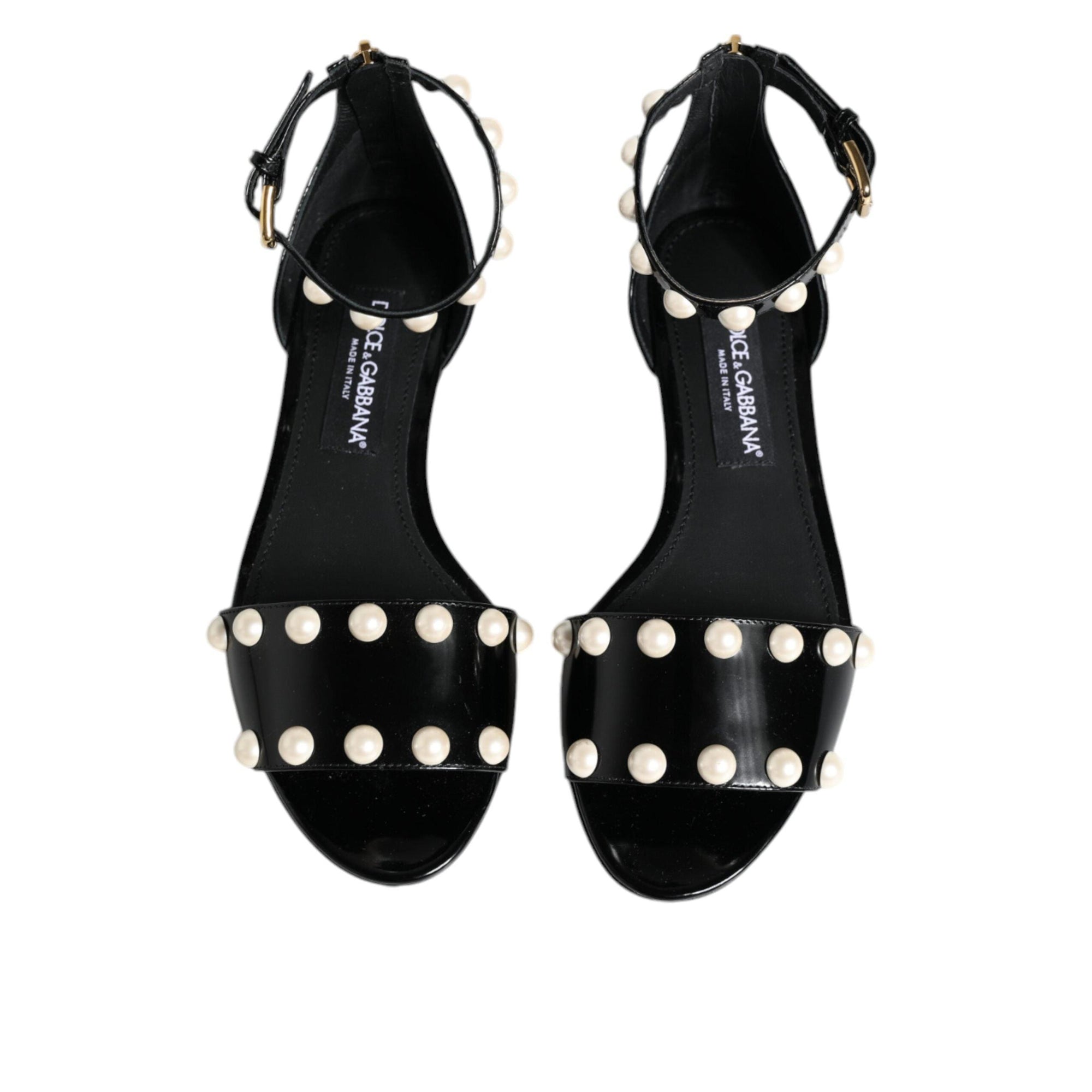 Dolce & Gabbana Black Leather Pearls Ankle Strap Sandals Shoes